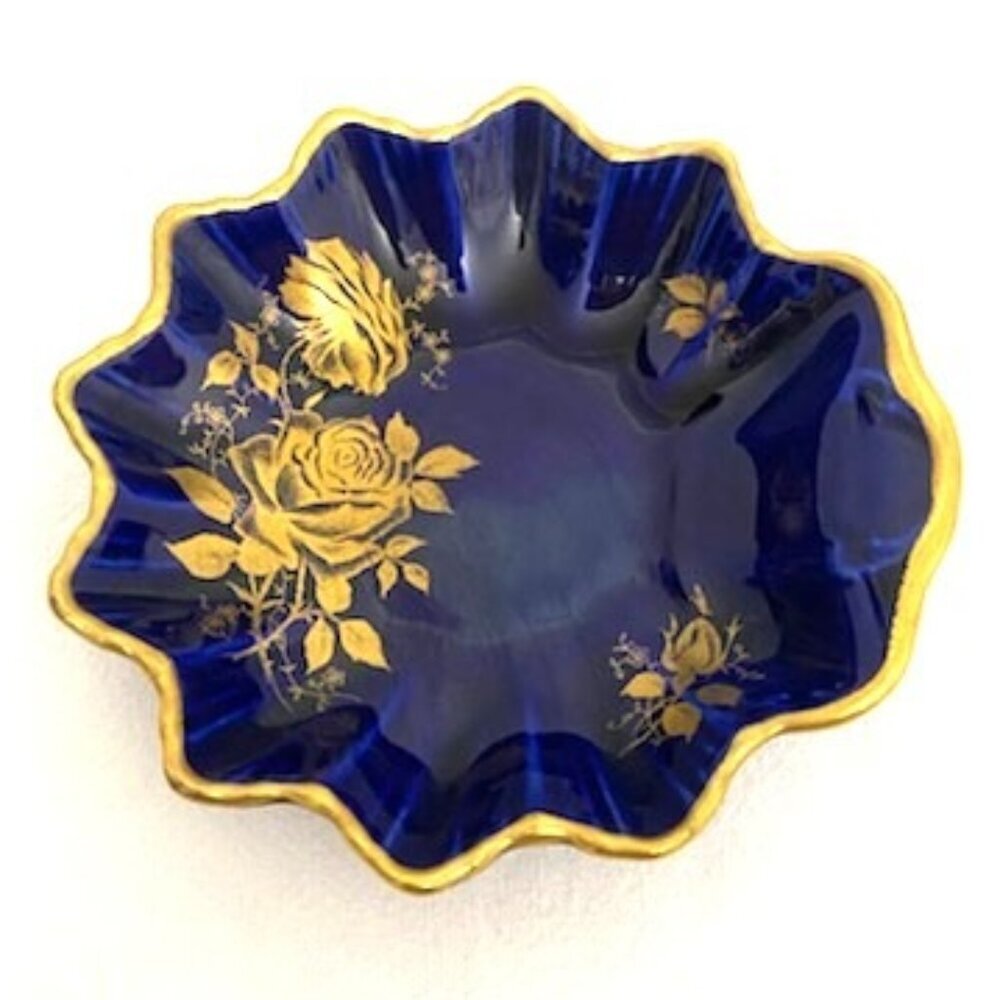 Vtg Old Foley James Kent Staffordshire England Dish Cobalt Blue & Gold Floral‎
